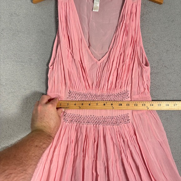 Sundance Maxi Dress Size L Pink Sheer Smocked Empire Waist Overlay Flowy Boho - Picture 13 of 14